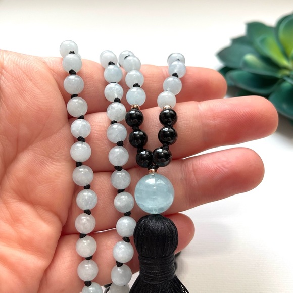 Women’s Tassel Mala Beads 108 Genuine Aquamarine & Black Onyx Necklace - Picture 3 of 5
